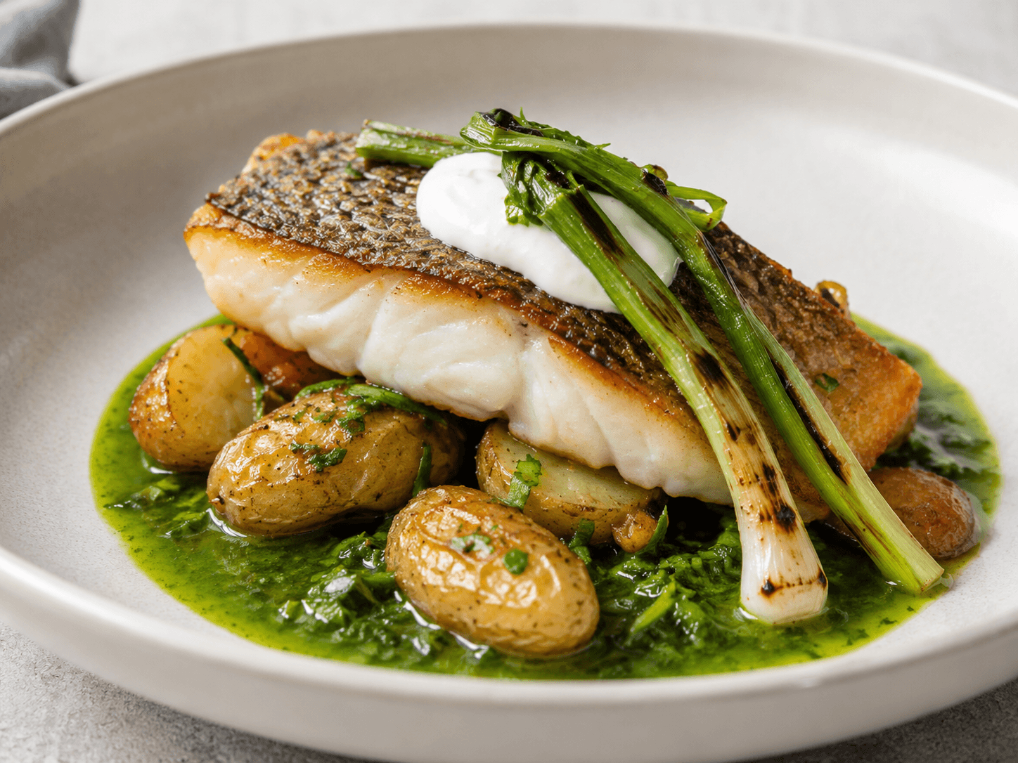 Pan-seared Sea Bass with Potatoes and Herb Sauce