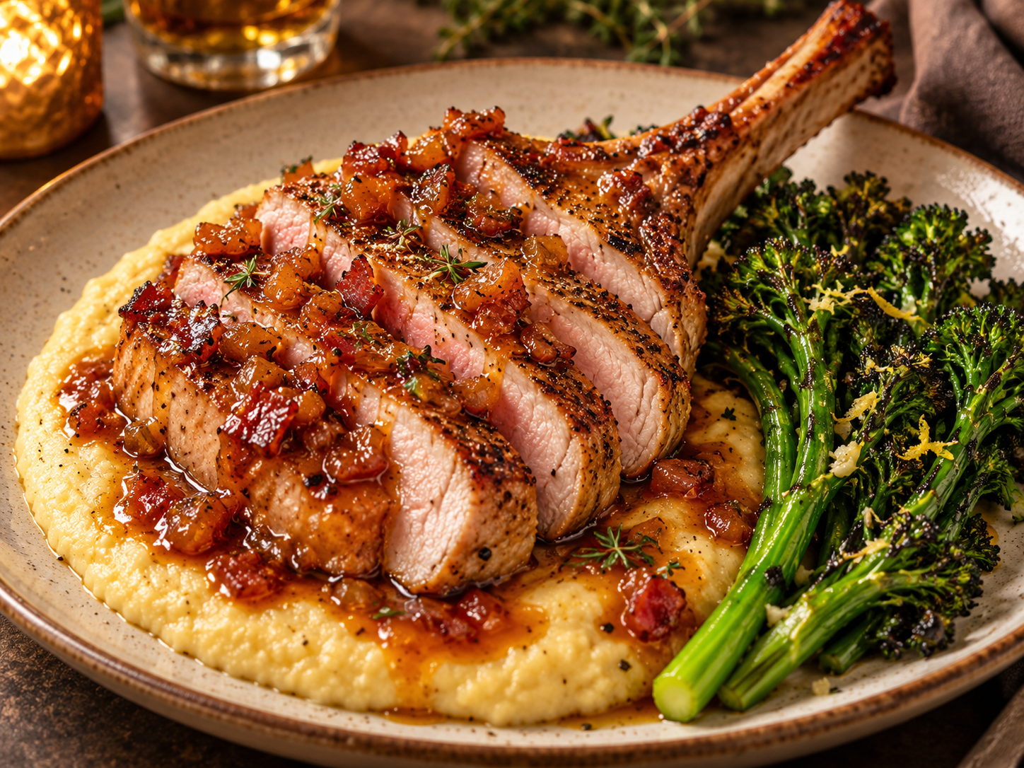 Sous Vide Tomahawk Pork Chop with Bacon-Apricot-Bourbon Glaze